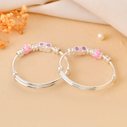 Pink-Bow Sterling-Silver Baby Bangle Set | Adjustable Kada with Mosaic Enamel Beads