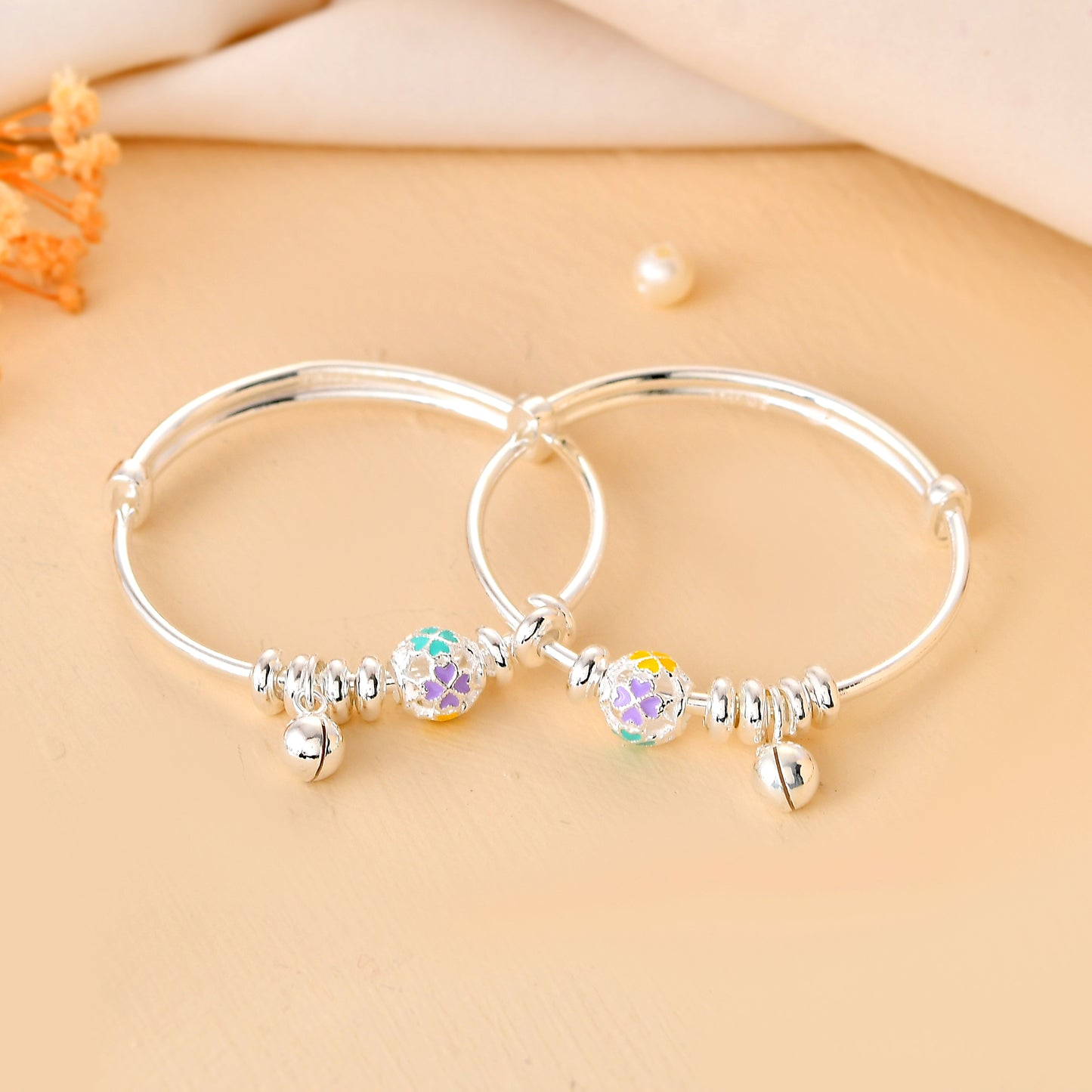 Pastel-Mosaic Jingle-Bell Sterling-Silver Baby Bangle Set | Adjustable Kada