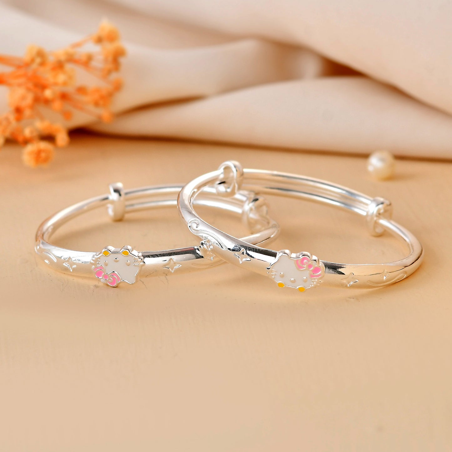Dream-Cloud Sterling-Silver Baby Bangle Set | Adjustable Kada with Star Engravings