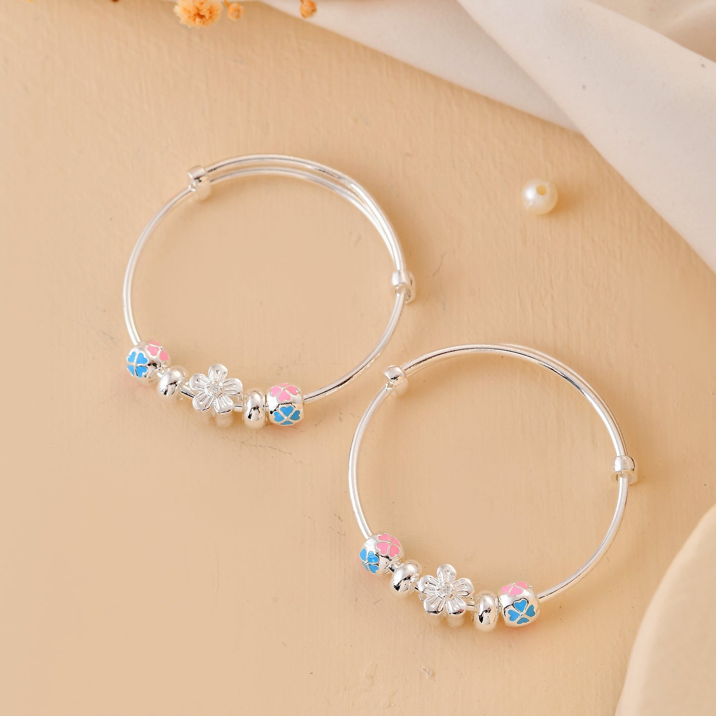 Blossom-Mosaic Sterling-Silver Baby Bangle Set | Adjustable Kada with Pink-Blue Enamel Beads