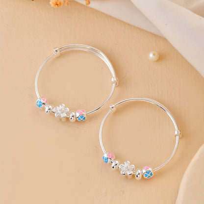 Blossom-Mosaic Sterling-Silver Baby Bangle Set | Adjustable Kada with Pink-Blue Enamel Beads