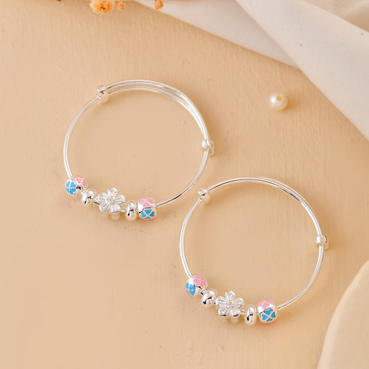 Blossom-Mosaic Sterling-Silver Baby Bangle Set | Adjustable Kada with Pink-Blue Enamel Beads