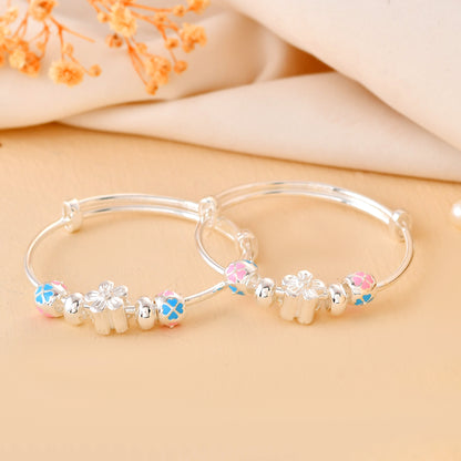 Blossom-Mosaic Sterling-Silver Baby Bangle Set | Adjustable Kada with Pink-Blue Enamel Beads