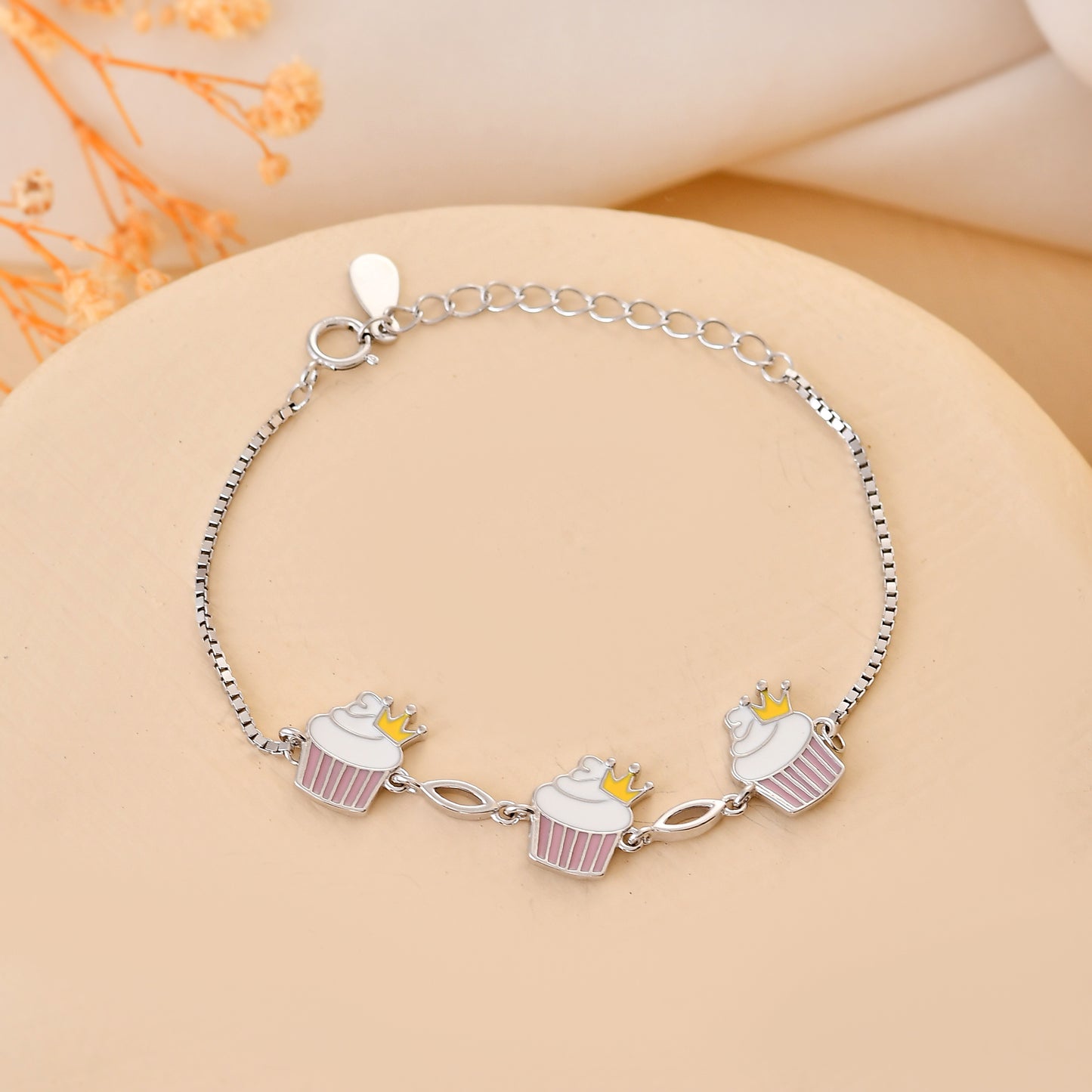 925 Sterling Silver Cupcake-Crown Charm Bracelet – Adjustable Kids Chain