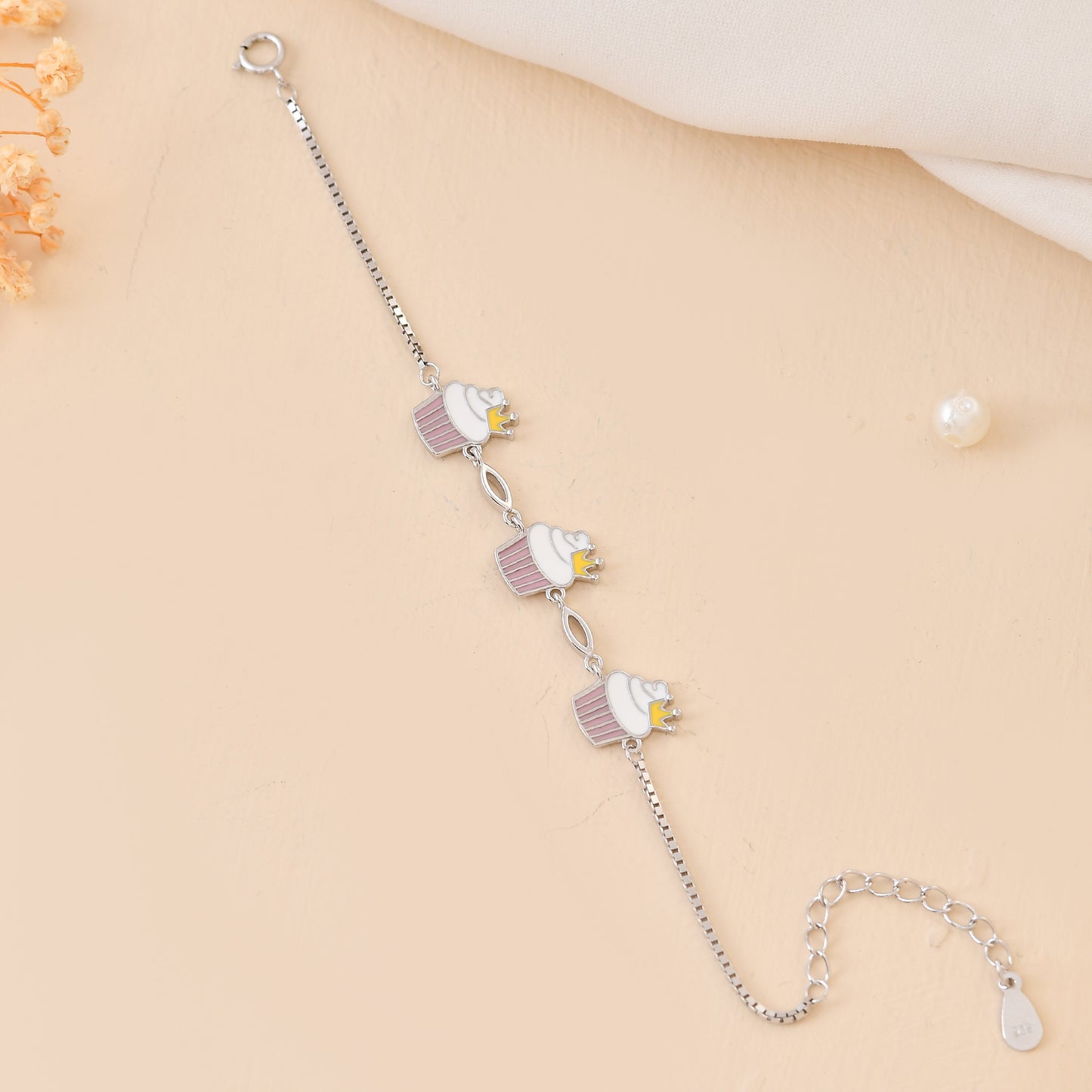 925 Sterling Silver Cupcake-Crown Charm Bracelet – Adjustable Kids Chain