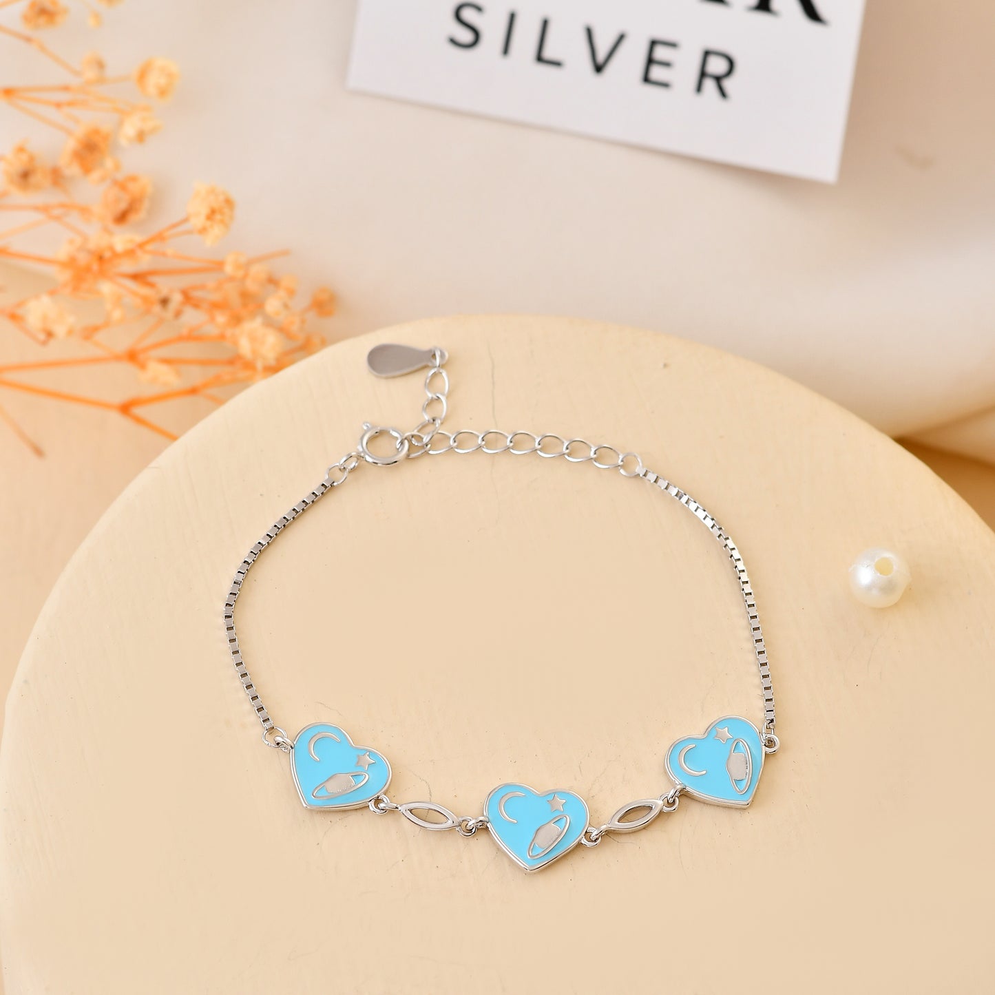 925 Sterling Silver Space Hearts Charm Bracelet – Rocket, Moon & Star Motif, Adjustable Kids Chain