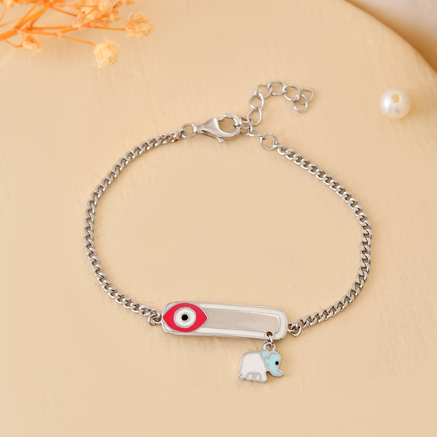 925 Sterling Silver Pink Evil-Eye ID Bracelet with Dangling Elephant Charm – Adjustable Kids Nazariya Chain