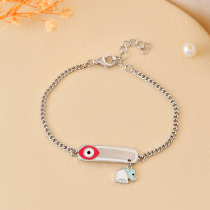 925 Sterling Silver Pink Evil-Eye ID Bracelet with Dangling Elephant Charm – Adjustable Kids Nazariya Chain
