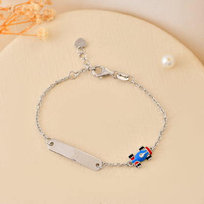 925 Sterling Silver Engravable ID Bracelet with Dangling Race-Car Charm – Adjustable Kids Chain