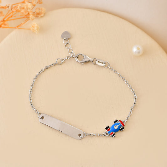 925 Sterling Silver Engravable ID Bracelet with Dangling Race-Car Charm – Adjustable Kids Chain
