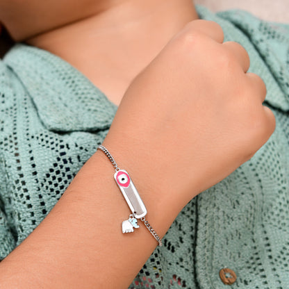 925 Sterling Silver Pink Evil-Eye ID Bracelet with Dangling Elephant Charm – Adjustable Kids Nazariya Chain
