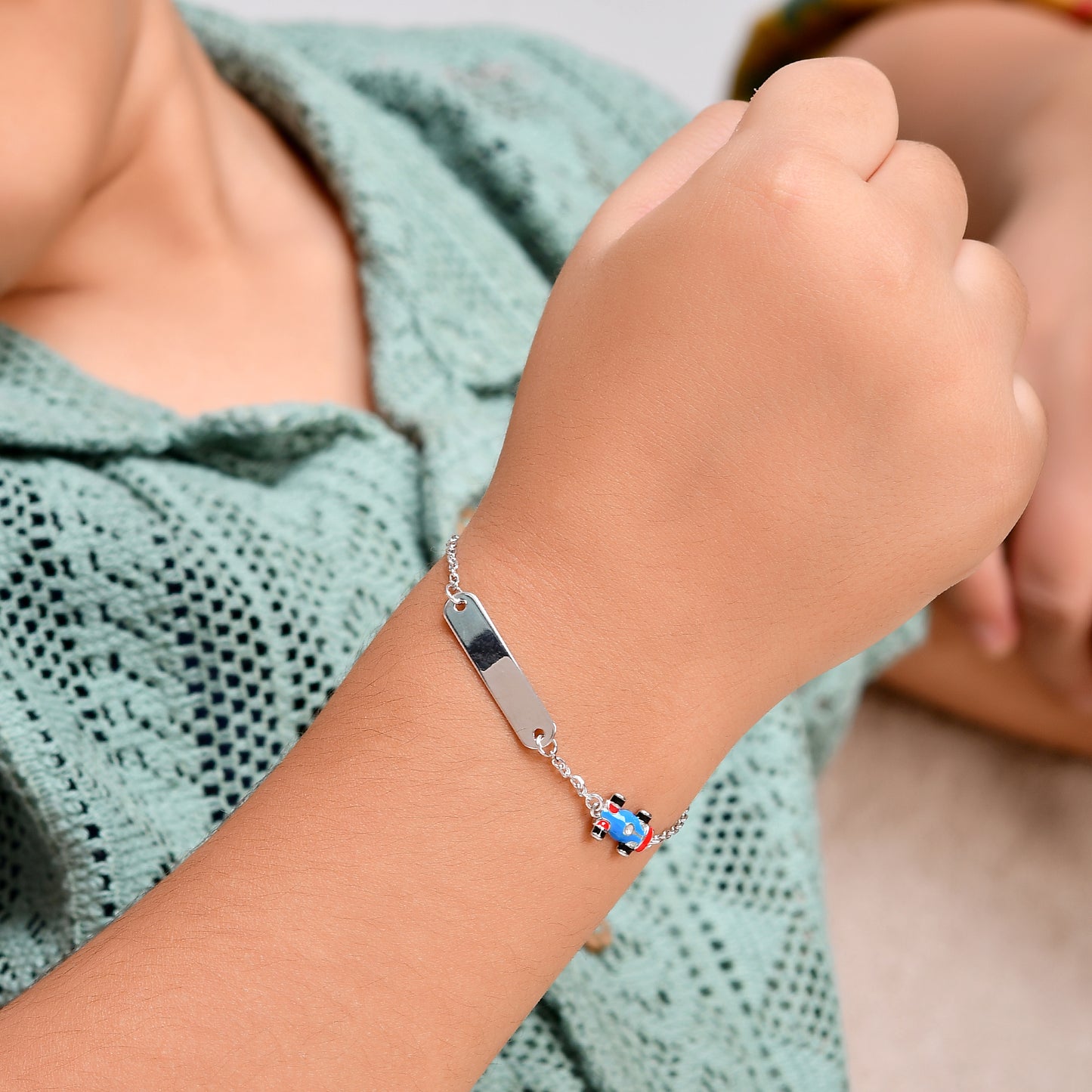 925 Sterling Silver Engravable ID Bracelet with Dangling Race-Car Charm – Adjustable Kids Chain