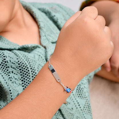 925 Sterling Silver Engravable ID Bracelet with Dangling Race-Car Charm – Adjustable Kids Chain