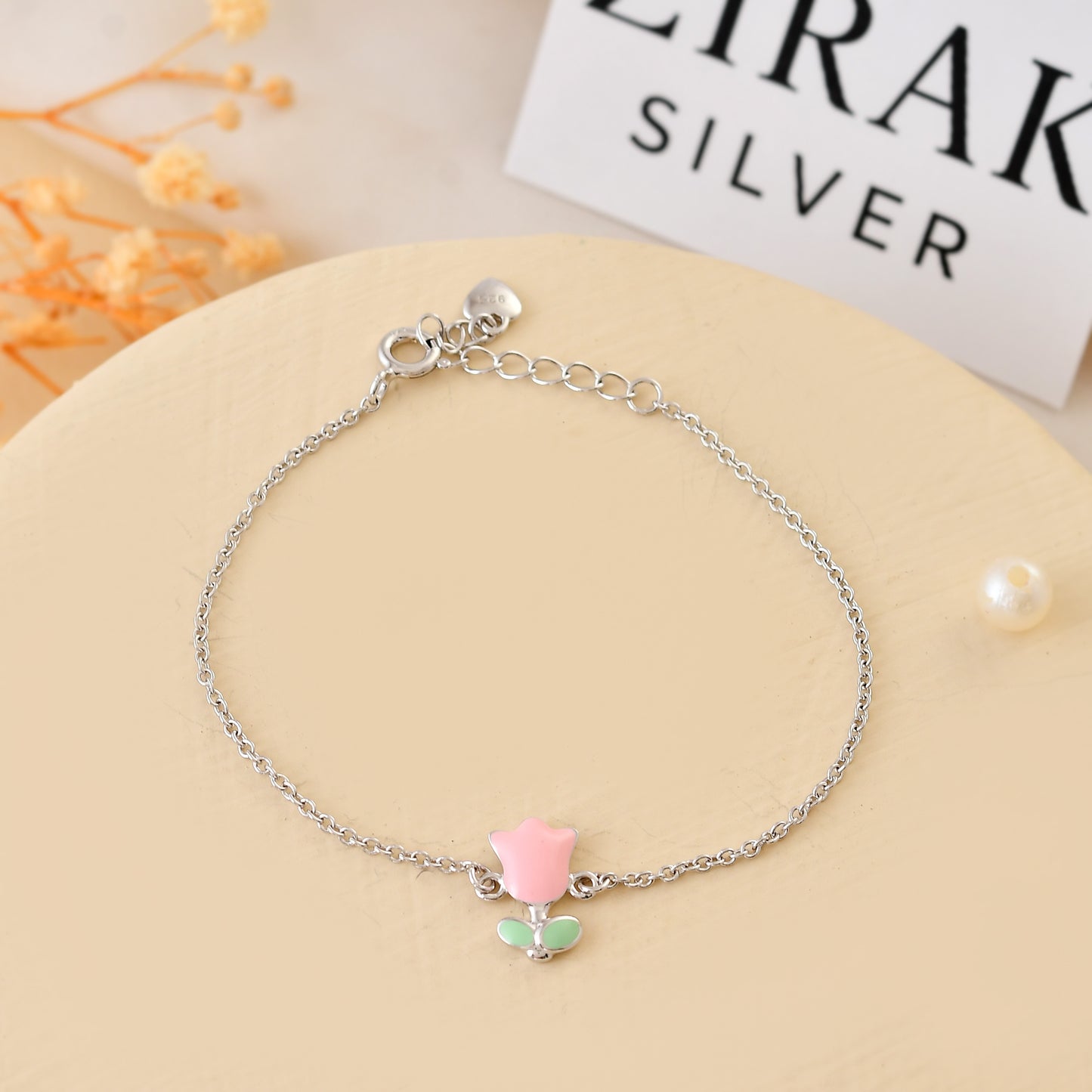Pink-Tulip Sterling-Silver Kids Bracelet | Adjustable Chain & Mint-Leaf Charm