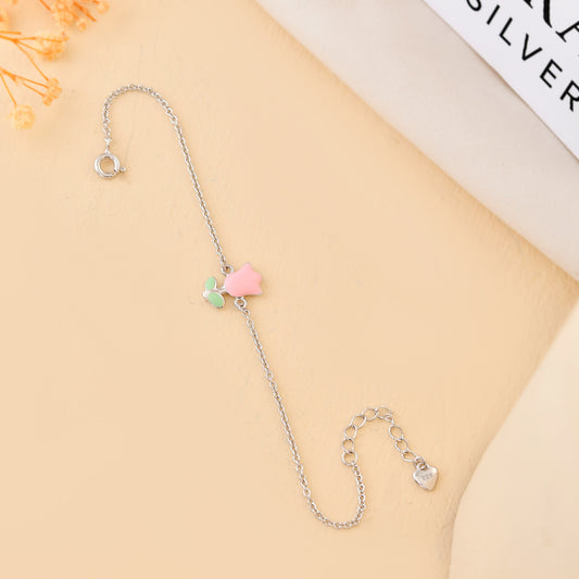 Pink-Tulip Sterling-Silver Kids Bracelet | Adjustable Chain & Mint-Leaf Charm