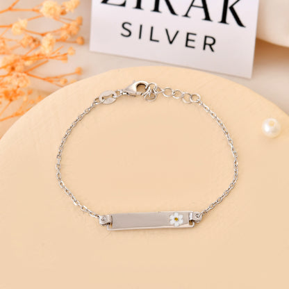 Daisy-Bloom Sterling-Silver ID Bracelet | Engravable Name Plate & Adjustable Chain