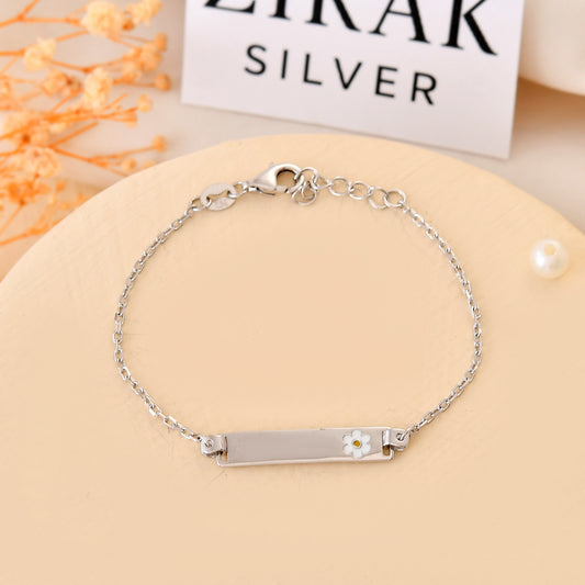 Daisy-Bloom Sterling-Silver ID Bracelet | Engravable Name Plate & Adjustable Chain