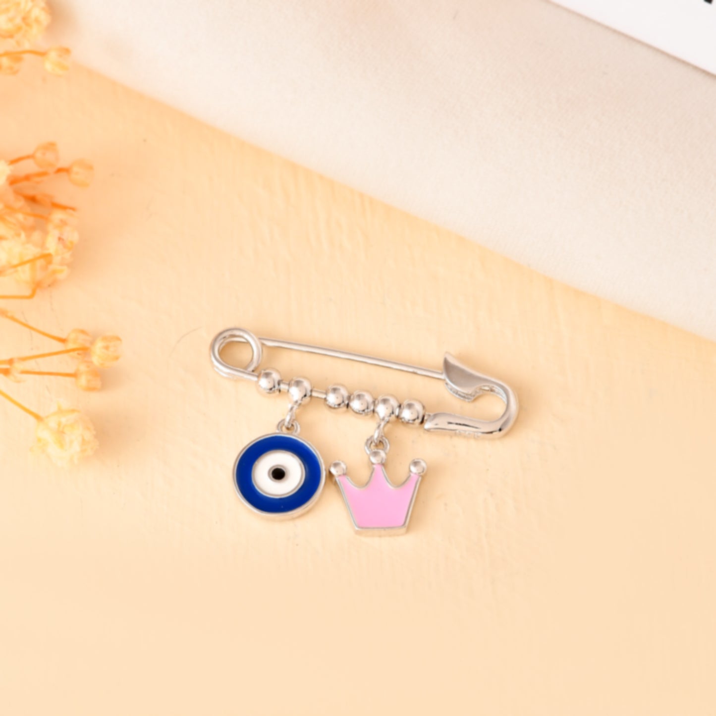 Crown-Eye Sterling-Silver Safety Pin | Baby Nazariya Brooch with Blue Evil Eye & Pink Crown