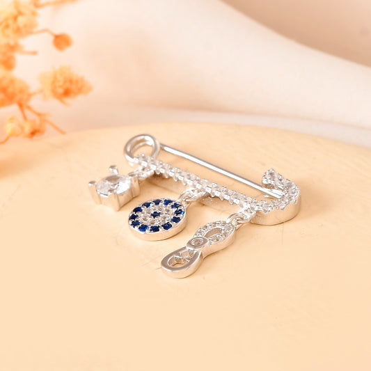 Infinity-Eye Sterling-Silver Safety Pin | CZ Baby Nazariya Brooch with Blue Pavé Evil-Eye