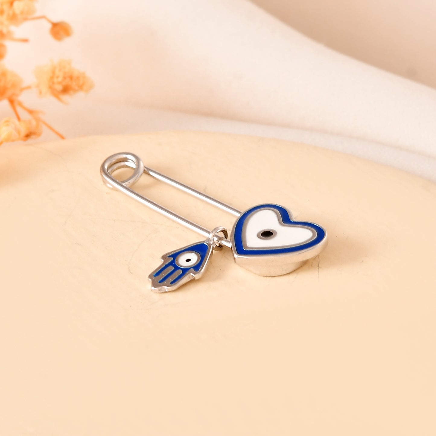 Sterling Silver Heart-Evil-Eye & Hamsa Safety-Pin Brooch – Baby Nazar Protection Pin