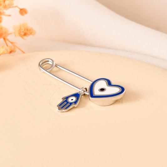 Sterling Silver Heart-Evil-Eye & Hamsa Safety-Pin Brooch – Baby Nazar Protection Pin