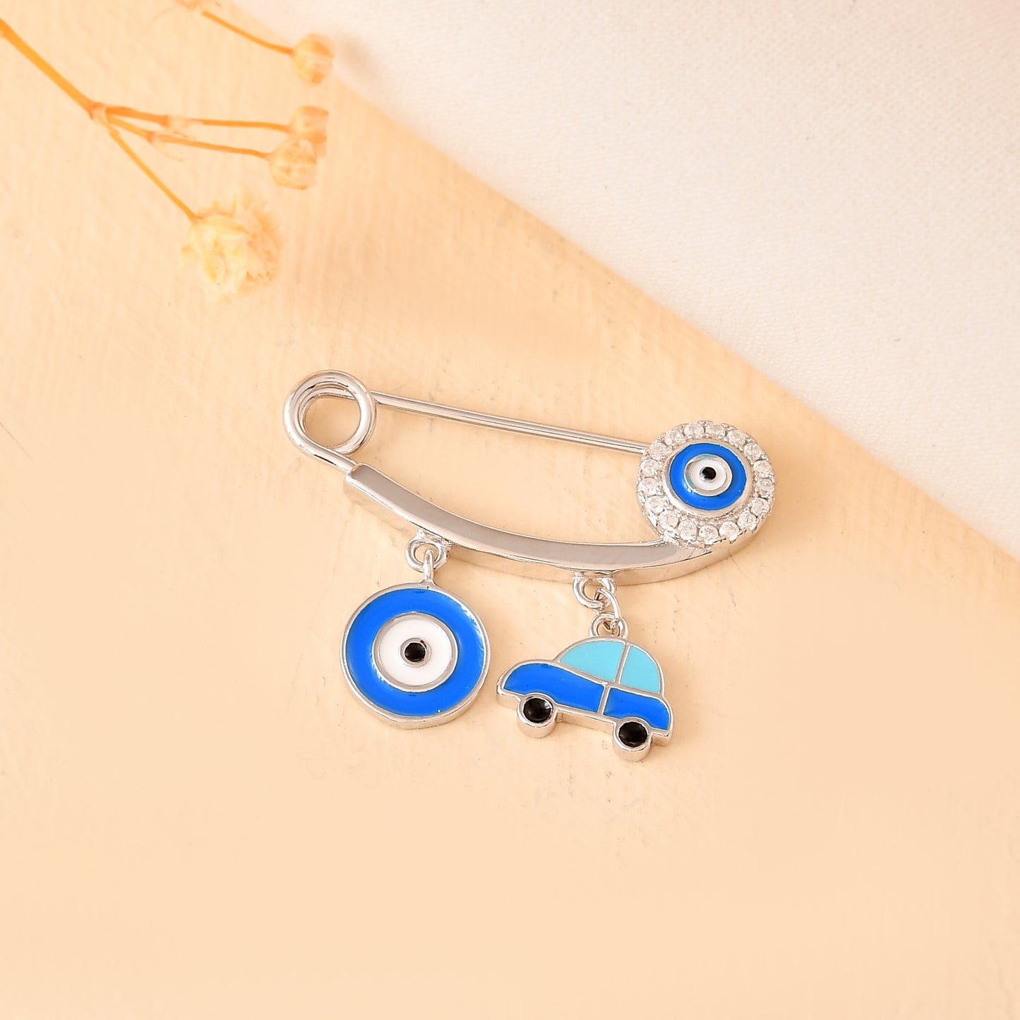 Sterling Silver Car & Double Evil-Eye Safety-Pin Brooch – Cubic Zirconia Nazar Protection Pin for Babies