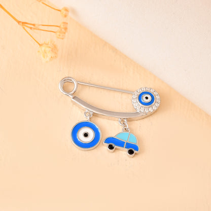 Sterling Silver Car & Double Evil-Eye Safety-Pin Brooch – Cubic Zirconia Nazar Protection Pin for Babies
