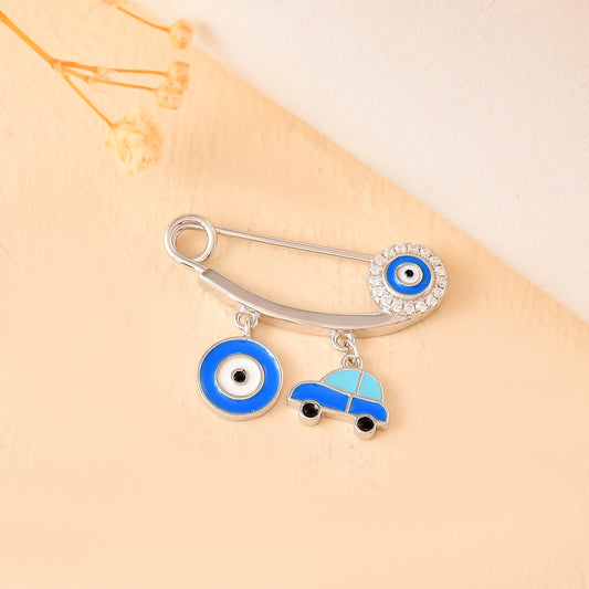 Sterling Silver Car & Double Evil-Eye Safety-Pin Brooch – Cubic Zirconia Nazar Protection Pin for Babies