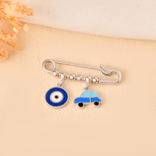 Sterling Silver Beaded Evil-Eye & Blue Car Safety-Pin Brooch – Nazar Protection Pin for Baby Boys