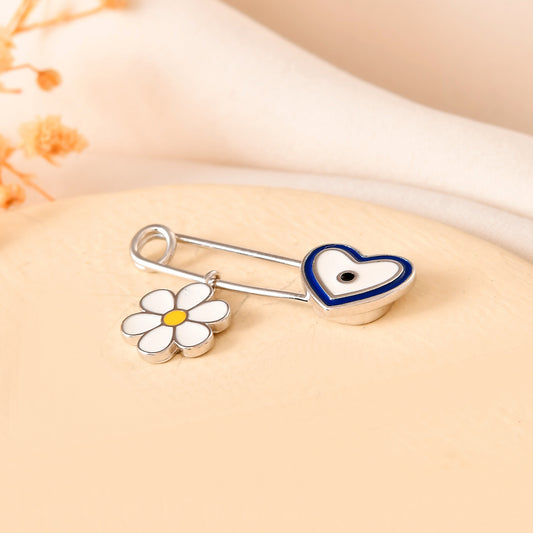 Sterling Silver Heart-Evil-Eye & Daisy Safety-Pin Brooch – Nazar Protection Pin for Baby Girls