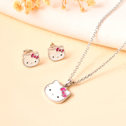 Cute Kitty-Face Sterling-Silver Pendant & Stud Earrings Set | White Enamel with Pink Bow