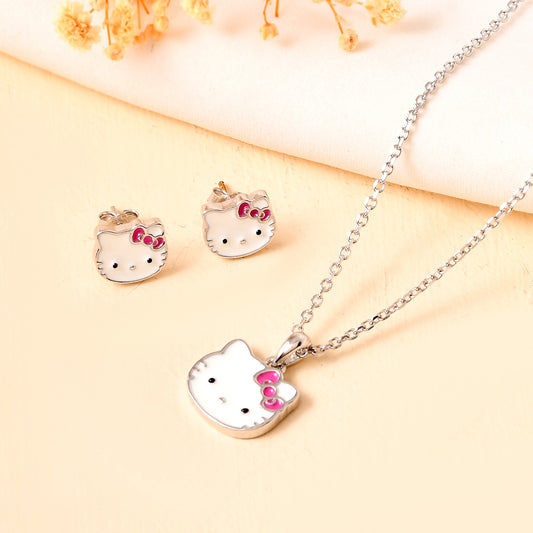 Cute Kitty-Face Sterling-Silver Pendant & Stud Earrings Set | White Enamel with Pink Bow