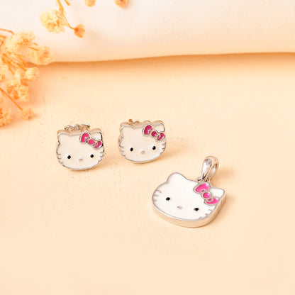 Cute Kitty-Face Sterling-Silver Pendant & Stud Earrings Set | White Enamel with Pink Bow