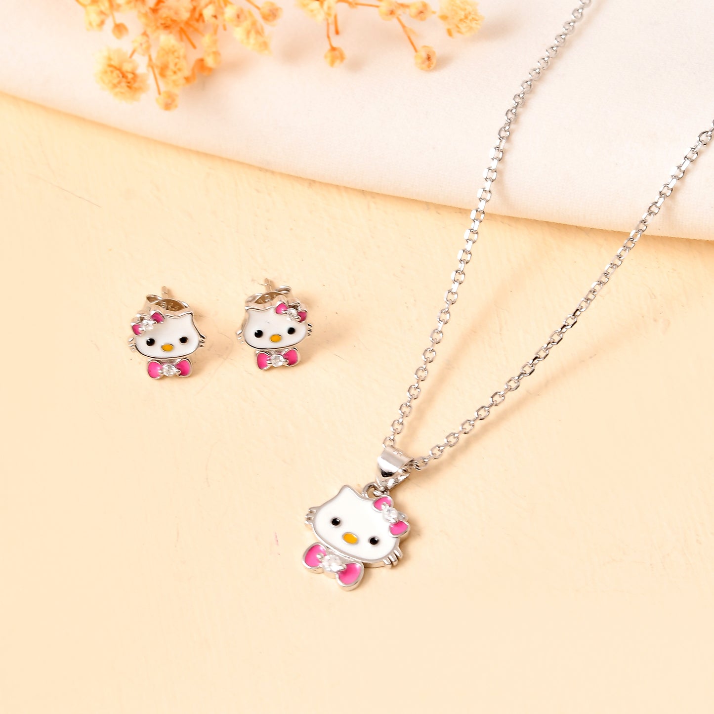 Bow-Kitty Sterling-Silver Pendant & Stud Set | White Enamel Face with Pink Bow-Tie