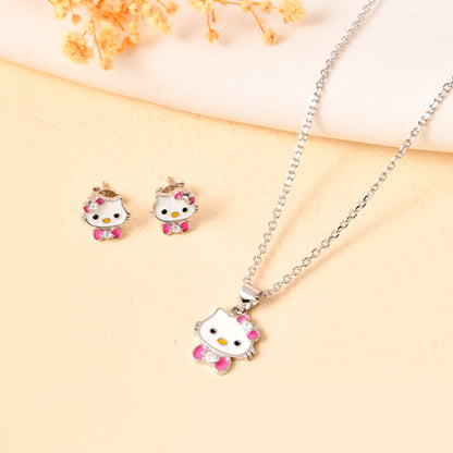 Bow-Kitty Sterling-Silver Pendant & Stud Set | White Enamel Face with Pink Bow-Tie