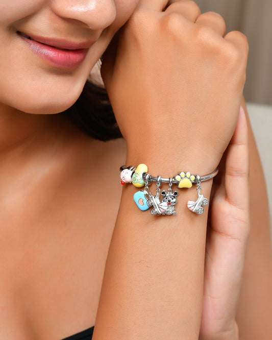 Wander-Paw Sterling-Silver Snake-Chain Bracelet | Travel Charms & Turquoise Paw Print