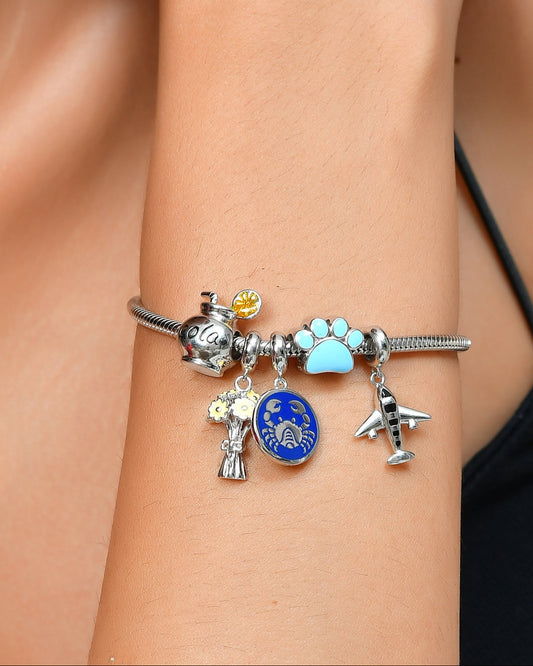 Wander-Paw Sterling-Silver Snake-Chain Bracelet | Travel Charms & Turquoise Paw Print
