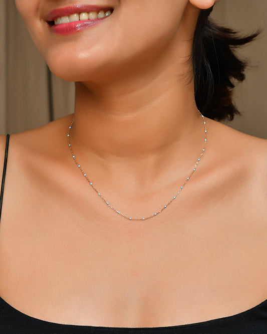 Dainty Turquoise Seed-Bead Necklace in Rose-Gold Chain │ Minimal Layering Choker Adjustable 14-18″