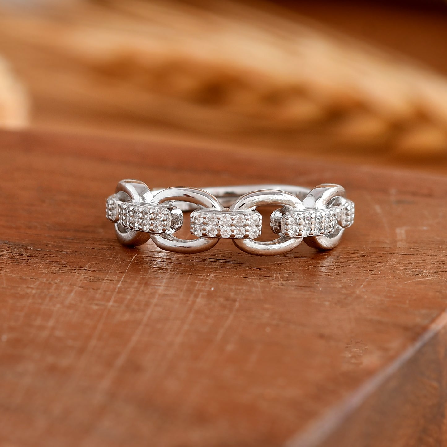 Sterling Silver Cuban Chain Ring with Pave Cubic Zirconia – Stackable Link Band