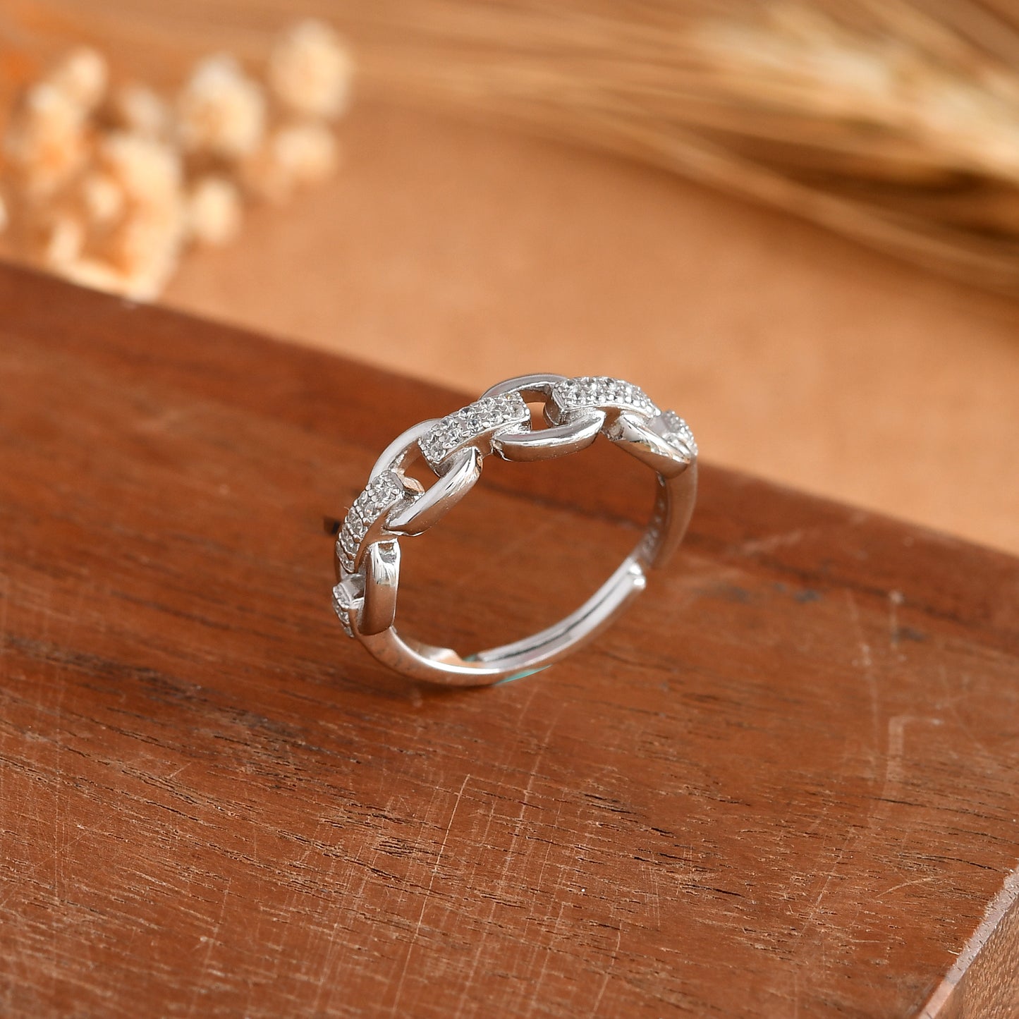 Sterling Silver Cuban Chain Ring with Pave Cubic Zirconia – Stackable Link Band