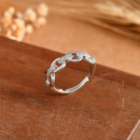 Sterling Silver Cuban Chain Ring with Pave Cubic Zirconia – Stackable Link Band