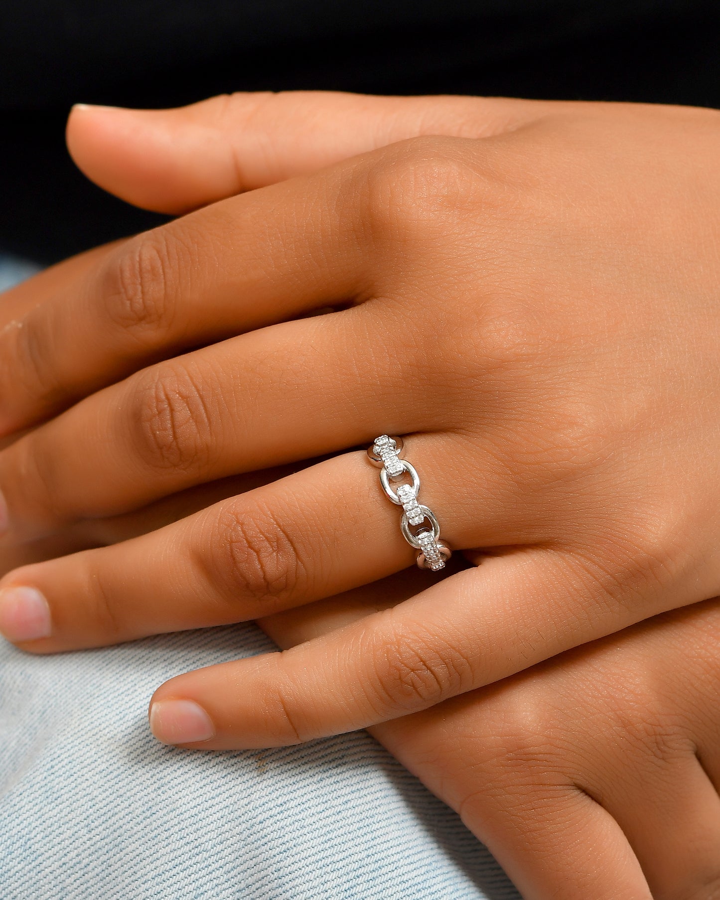 Sterling Silver Cuban Chain Ring with Pave Cubic Zirconia – Stackable Link Band