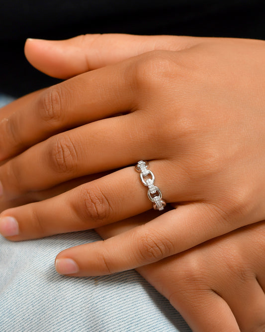Sterling Silver Cuban Chain Ring with Pave Cubic Zirconia – Stackable Link Band