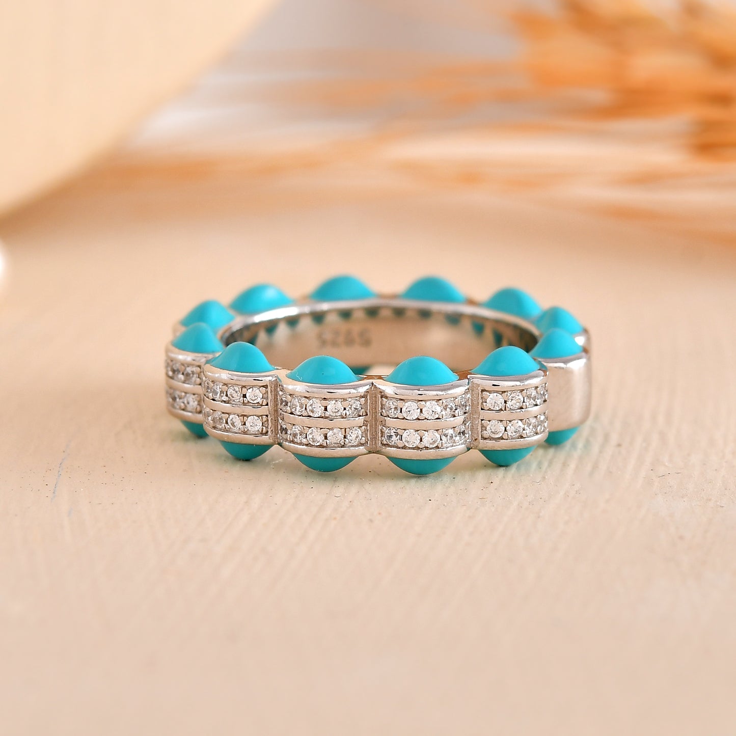 Sterling Silver Turquoise Enamel & Pave CZ Eternity Band – Stackable Boho Ring
