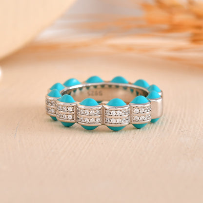Sterling Silver Turquoise Enamel & Pave CZ Eternity Band – Stackable Boho Ring
