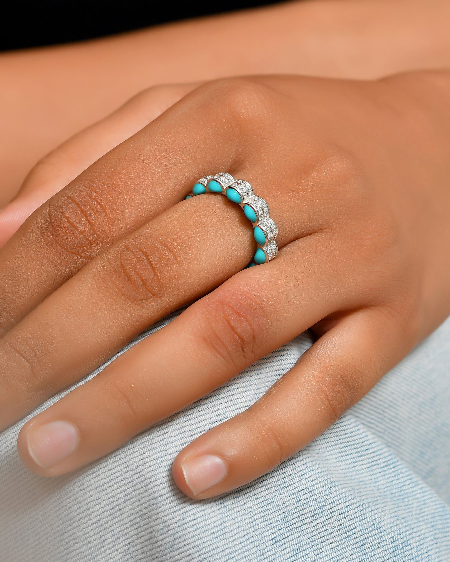 Sterling Silver Turquoise Enamel & Pave CZ Eternity Band – Stackable Boho Ring