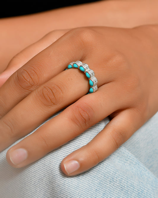 Sterling Silver Turquoise Enamel & Pave CZ Eternity Band – Stackable Boho Ring