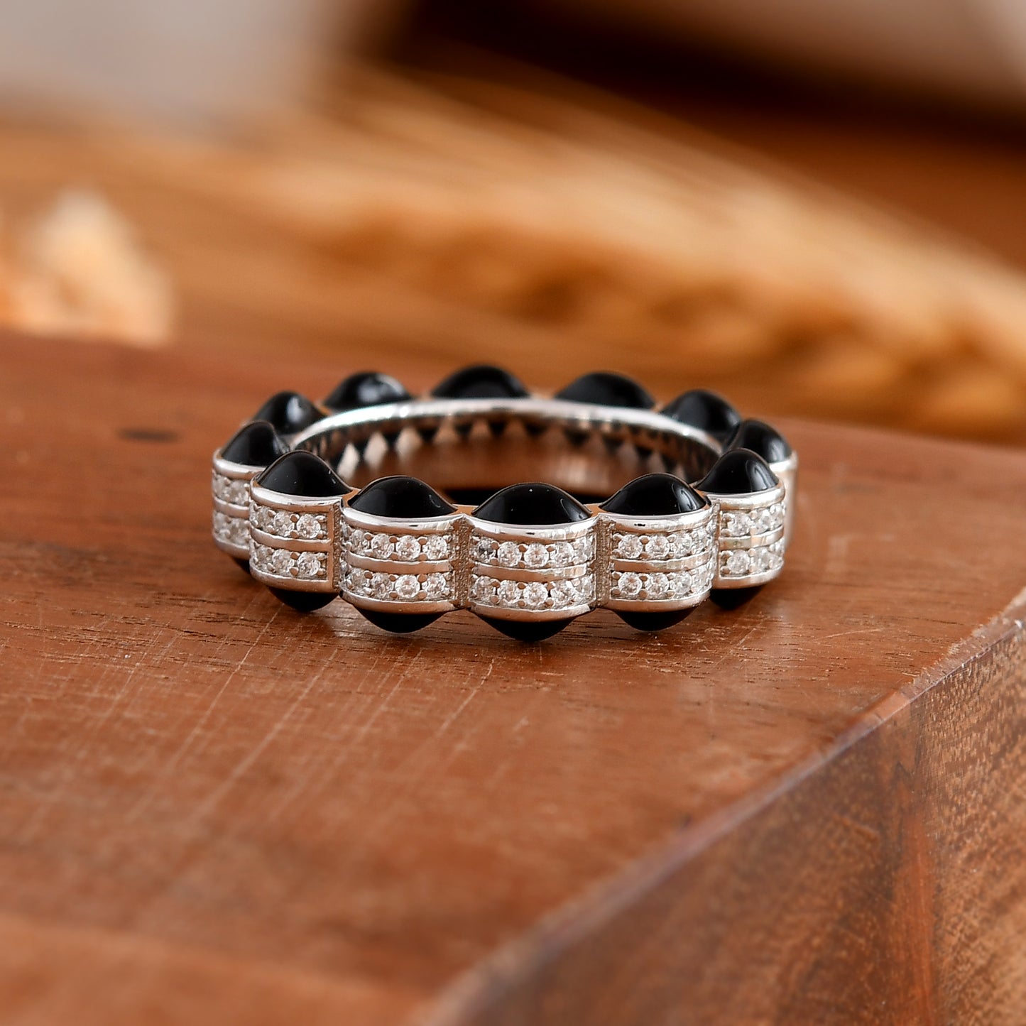 Sterling Silver Black Enamel & Pave CZ Eternity Band – Edgy Stackable Ring