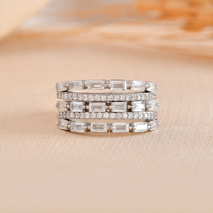 Sterling Silver Triple-Row Baguette CZ Statement Ring – Adjustable Cocktail Band