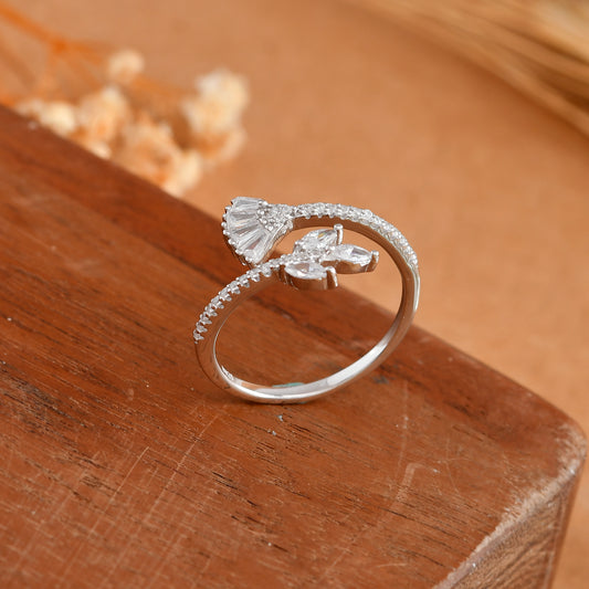 Sterling Silver Leaf & Fan Open Ring with Baguette & Marquise CZ – Adjustable Botanical Statement
